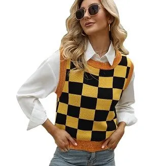 Argyle Farveblokerende Ærmeløs Strikket Top Vest Dame Sweater